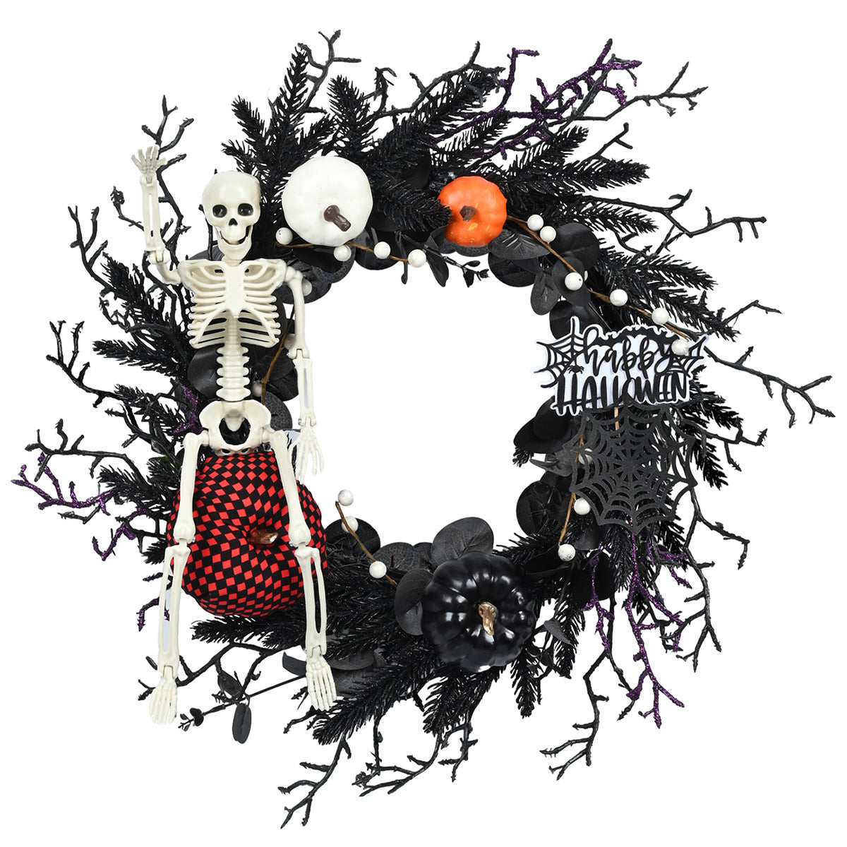 Couronne d’Halloween avec citrouille, crâne et branches décoratives