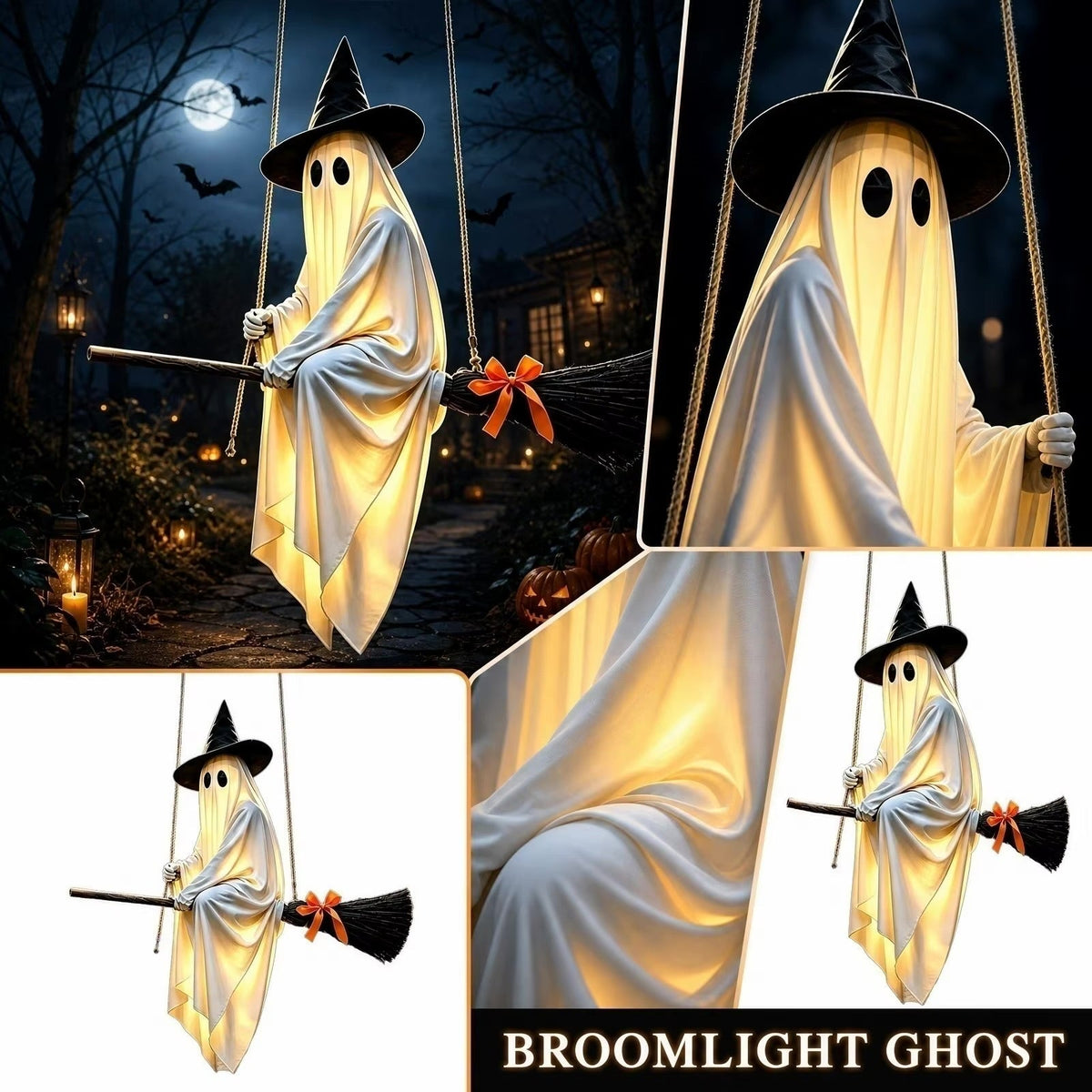 Fantôme Lumineux Volant sur Balai - Décoration Halloween d'Extérieur