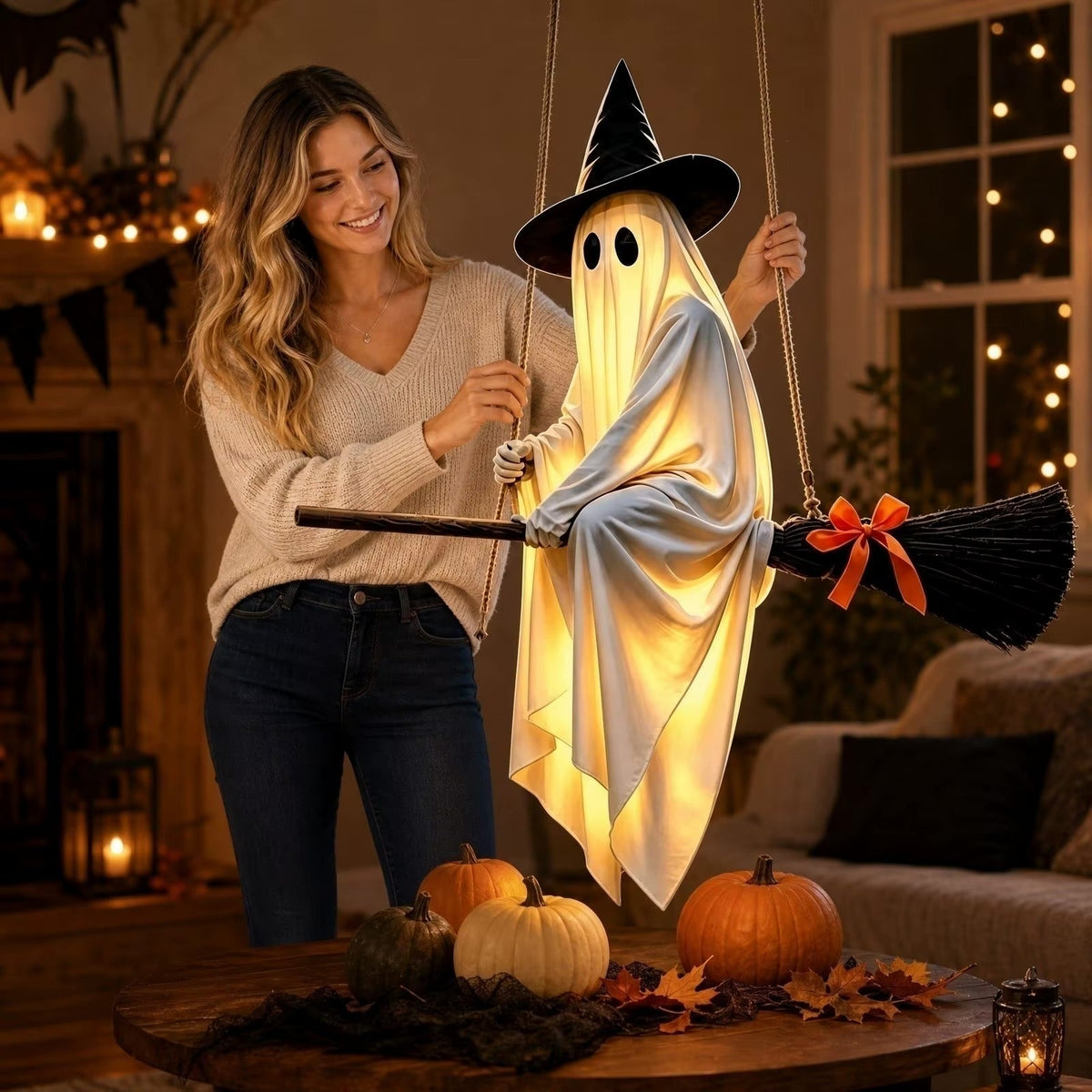 Fantôme Lumineux Volant sur Balai - Décoration Halloween d'Extérieur