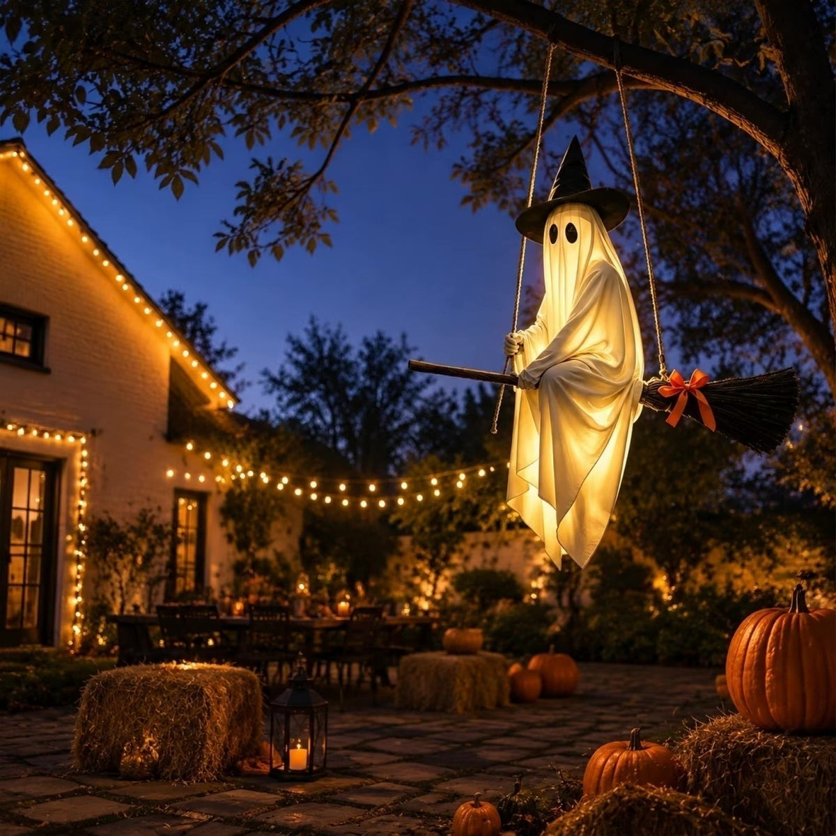 Fantôme Lumineux Volant sur Balai - Décoration Halloween d'Extérieur